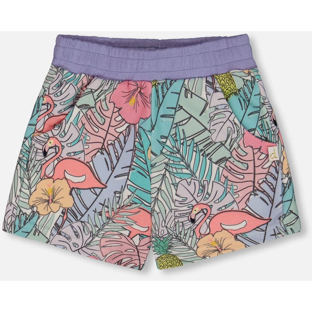 DEUX PAR DEUX DEUX PAR DEUX LITTLE GIRL'S PRINTED FRENCH TERRY SHORT LILAC TROPICAL AND PINK FLAMINGOS