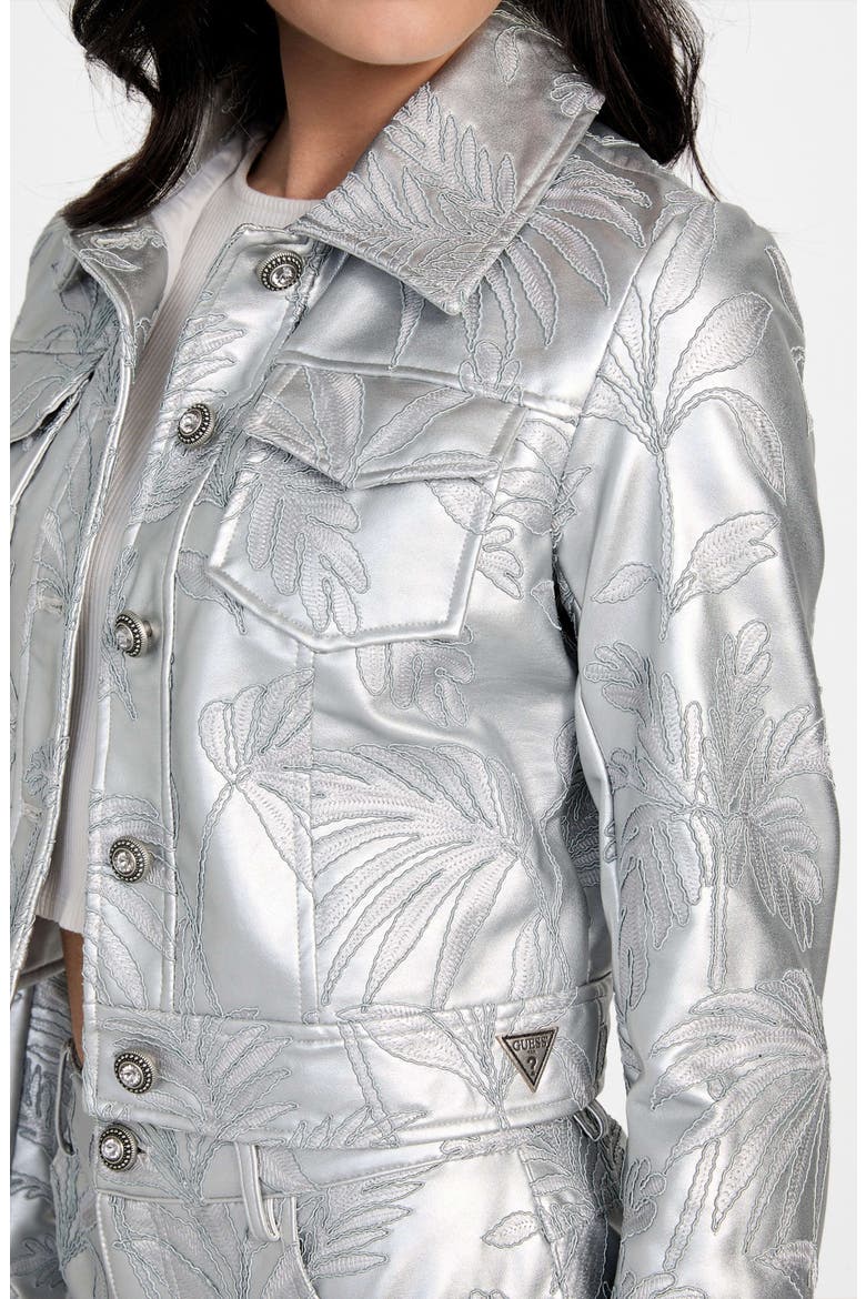 Clelia Embroidered Metallic Faux Leather Jacket, Alternate, color, SILVER