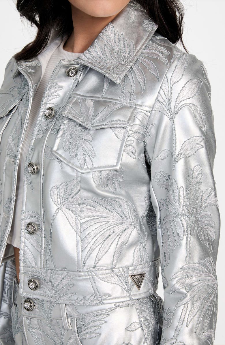 GUESS Clelia Embroidered Metallic Faux Leather Jacket, Alternate, color, Silver