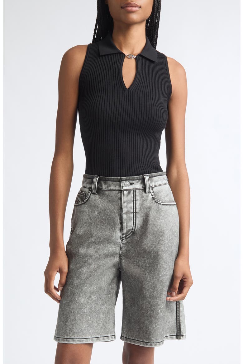 Lilita Sleeveless Rib Recycled Silk & Organic Cotton Polo Sweater, Main, color, BLACK