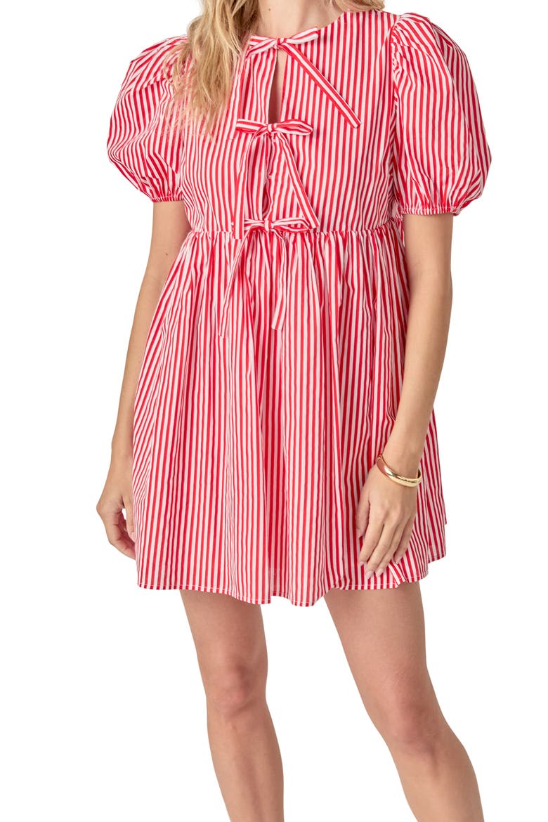 Stripe Tie Front Puff Sleeve Minidress, Alternate, color, RED