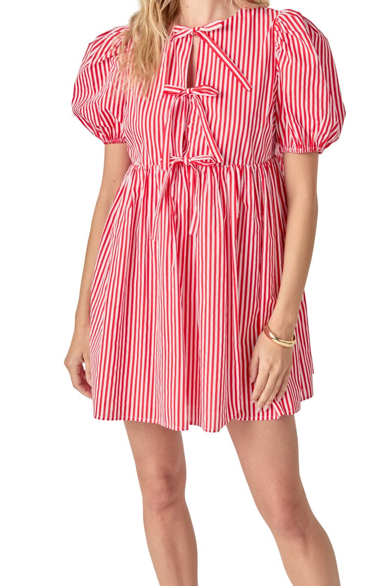 English Factory Stripe Tie Front Puff Sleeve Minidress, Alternate, color, Red