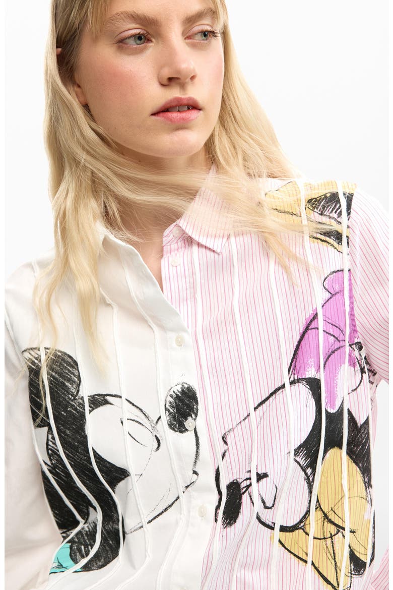 Mickey & Minnie Mouse Graphic Button-Up Shirt, Alternate, color, WHITE