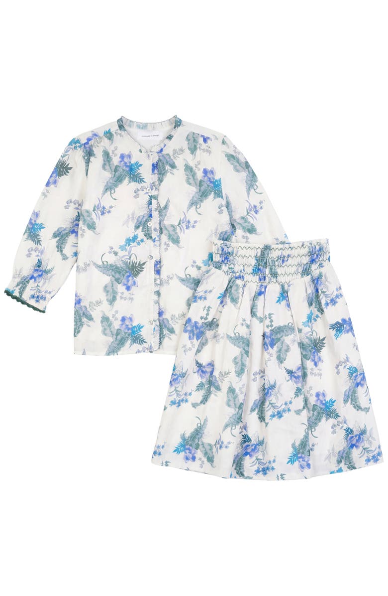 Charlotte & George Floral Print Smocked Long Sleeve Woven Blouse and Skirt Set, Main, color, Blue
