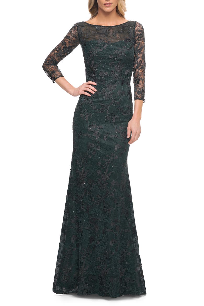 Long Fitted Lace Gown with High Neckline and Sleeves, Alternate, color, Dark Emerald