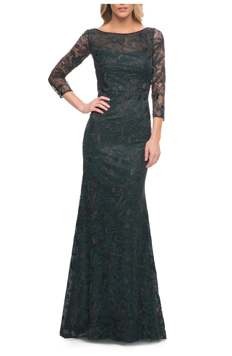 La Femme Long Fitted Lace Gown with High Neckline and Sleeves, Alternate, color, Dark Emerald