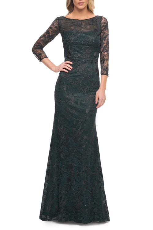 La Femme Long Fitted Lace Gown With High Neckline And Sleeves In Dark Emerald