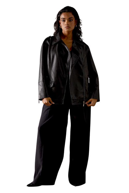 Warehouse Oversized Whipstitch Leather Look Jacket In Black