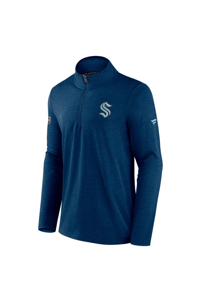 Men's Fanatics Branded Heather Deep Sea Blue Seattle Kraken Authentic Pro Rink Quarter-Zip Jacket, Alternate, color, Heather Navy