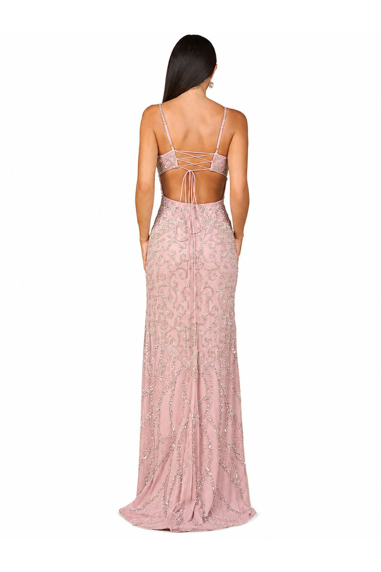 Embellished Gown with Slit And Low Back, Alternate, color, Cashmere