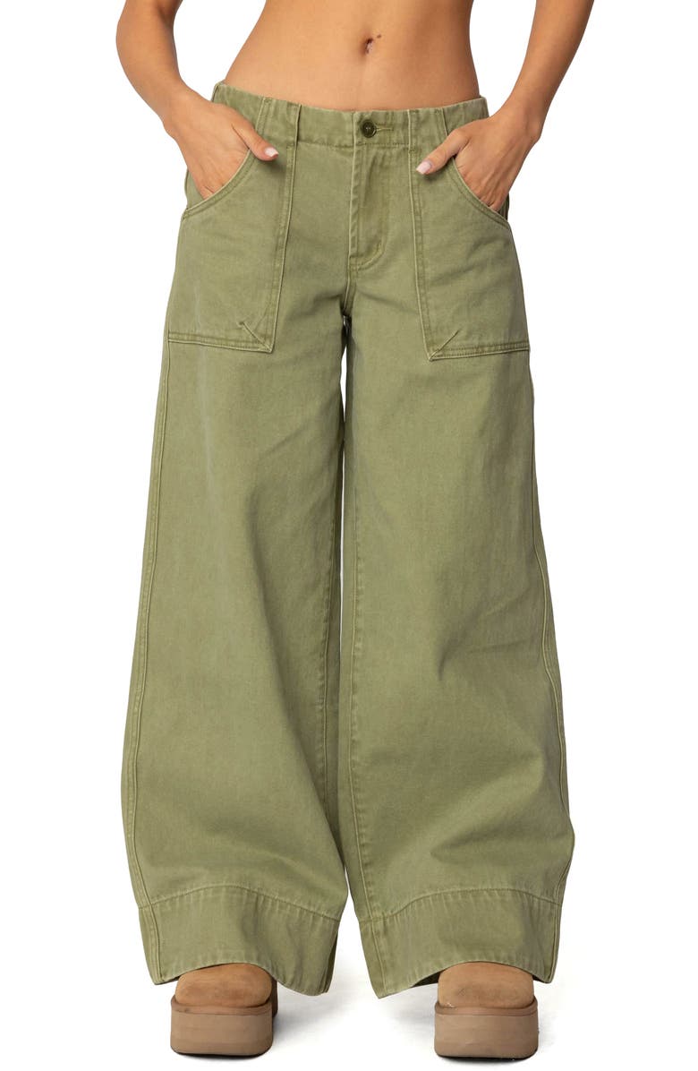 EDIKTED Vivienne Low Rise Baggy Twill Pants, Main, color, Olive