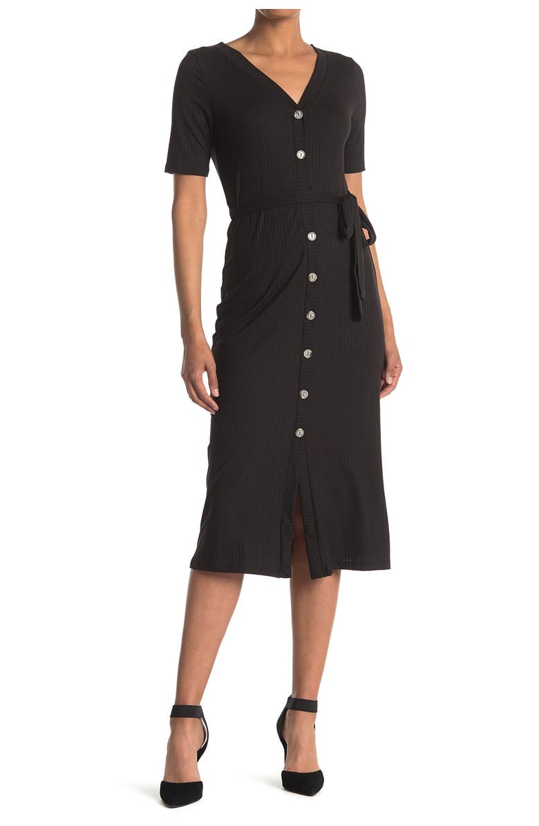 DUAL NATURE Short Sleeve Rib Knit Button Front Midi Dress, Main, color,