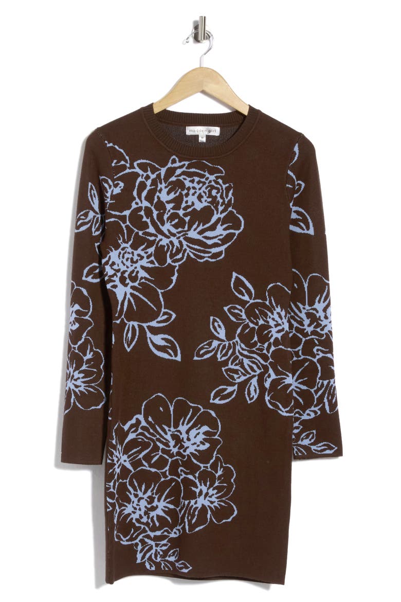 Floral Jacquard Long Sleeve Minidress, Alternate, color, CHOCOLATE BROWN COMBO