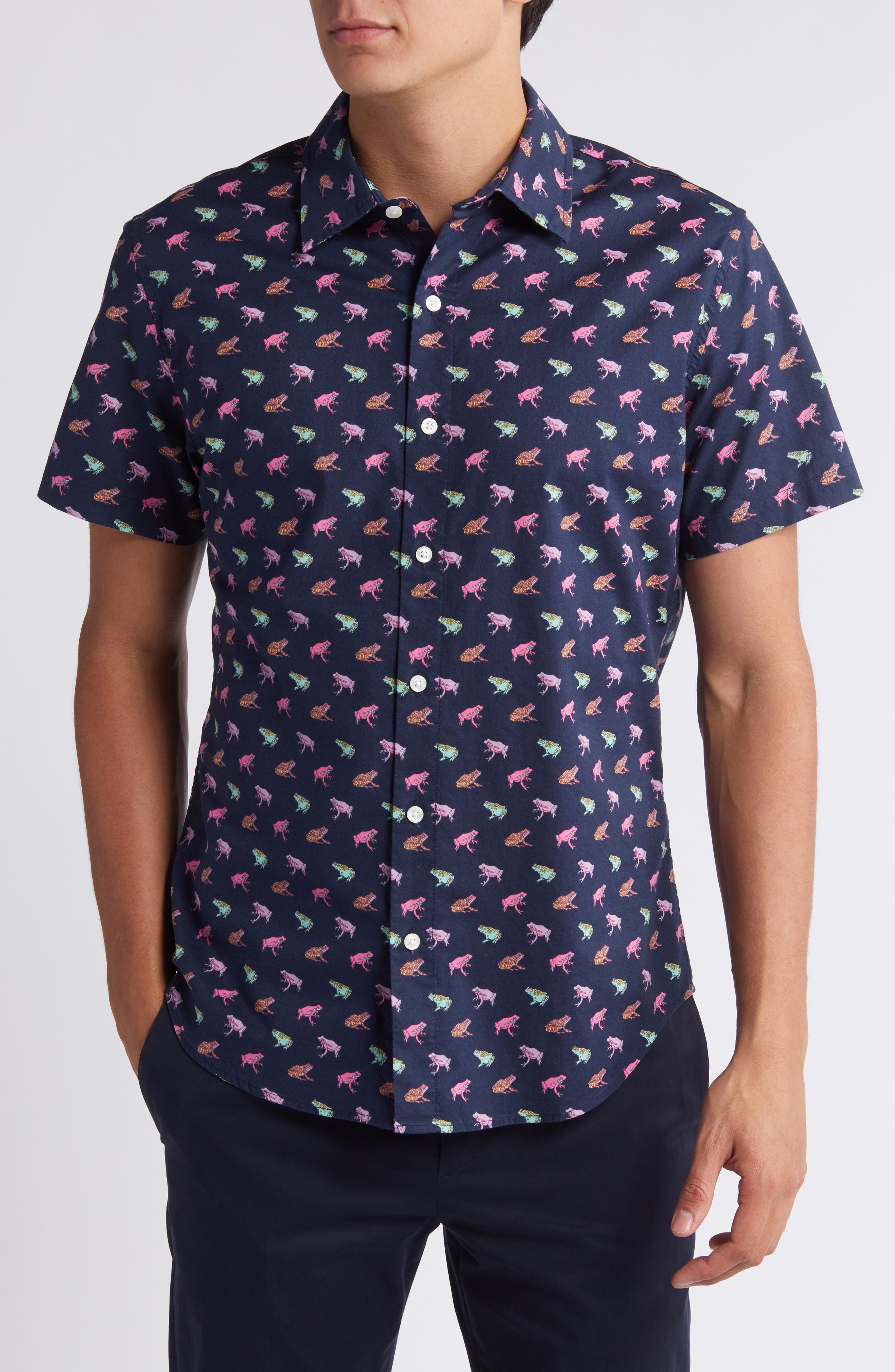 Riviera Frog Print Short Sleeve Stretch Cotton Button-Up Shirt