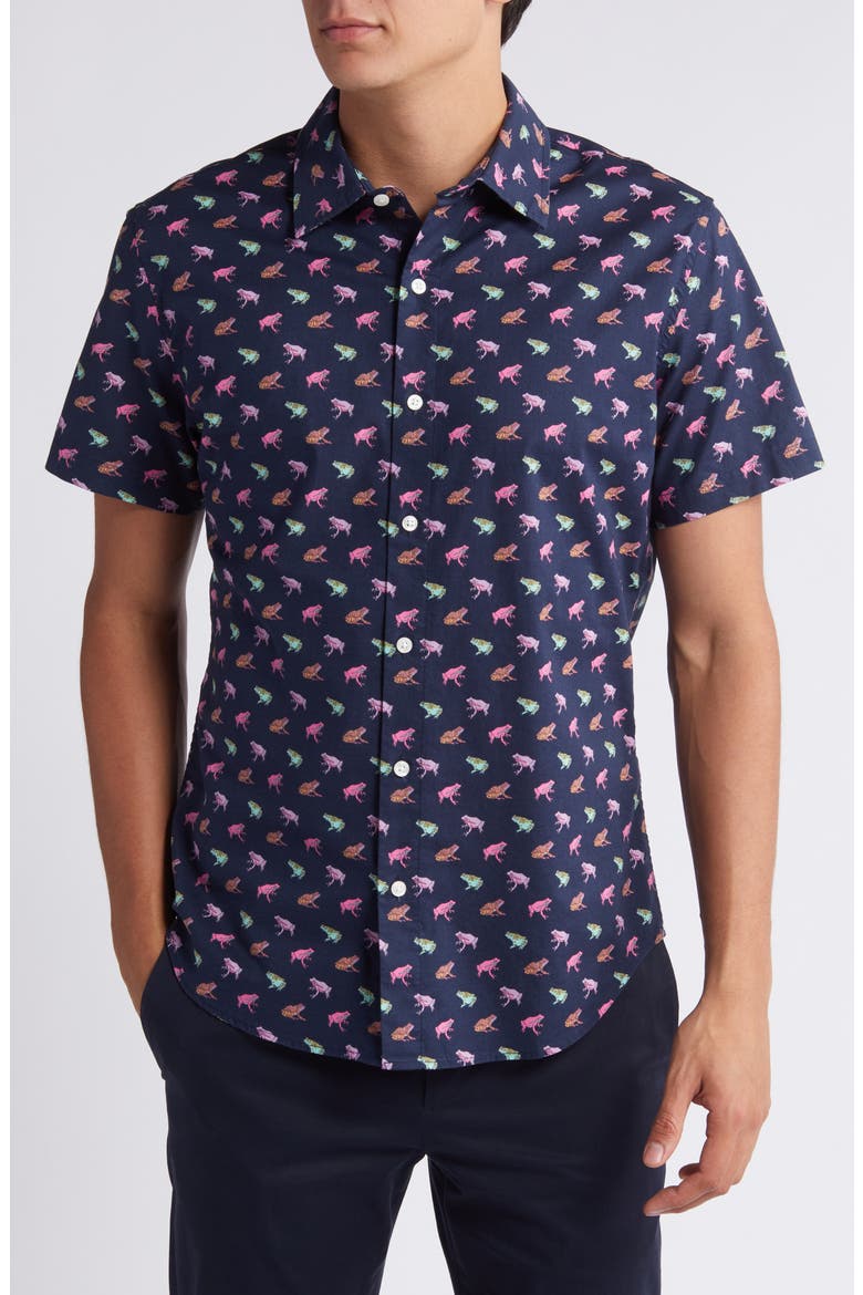 Riviera Frog Print Short Sleeve Stretch Cotton Button-Up Shirt, Main, color, FABULOUS FROGS C28