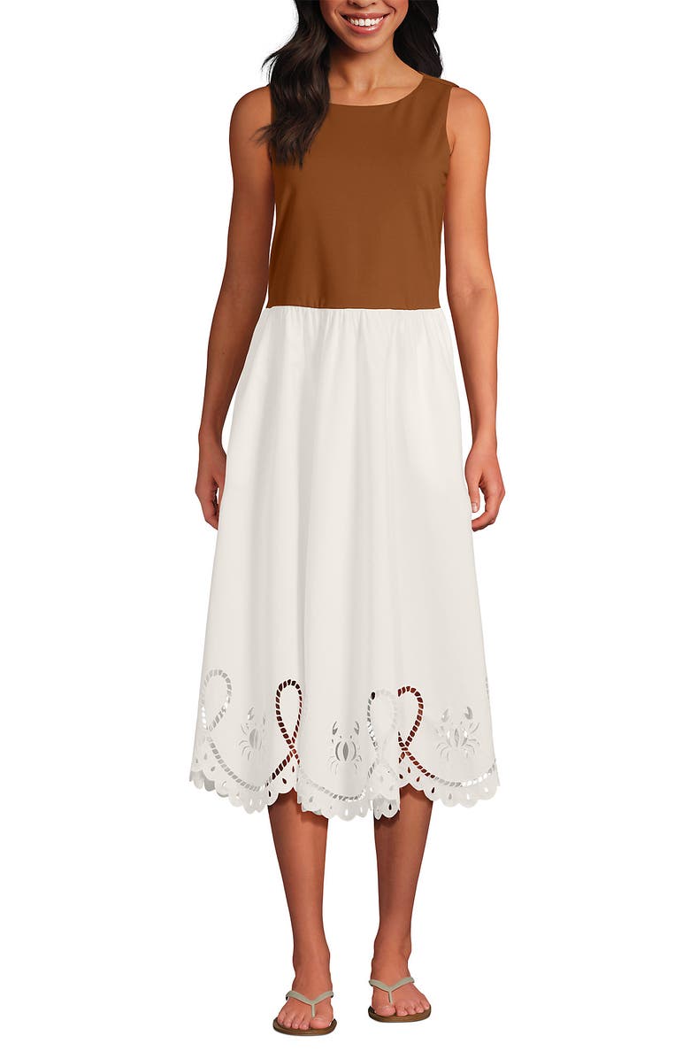 Lands' End Embroidered Duet Midi Dress, Main, color, Rich Ginger Brown/Ivory