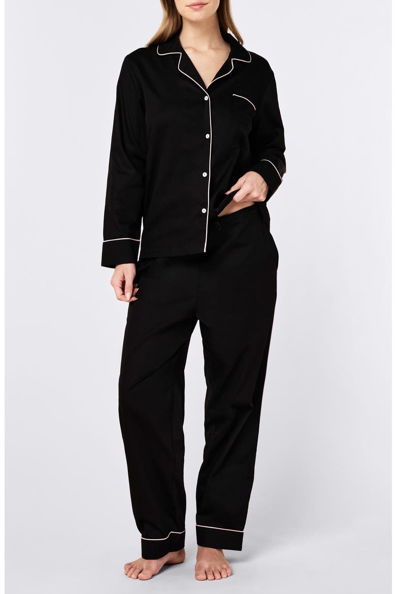 Zoe Contrast Piping Cotton Sateen Pajamas, Main, color, BLACK