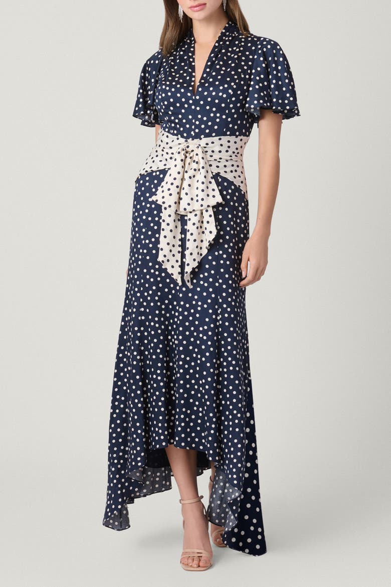 Polka Dot Satin Lane Dress, Main, color, Ivory/Indigo