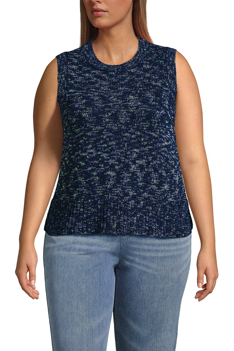 Plus Size Cotton Tweed Textured Crewneck Vest Sweater, Main, color, Deep Sea Navy Space Dye