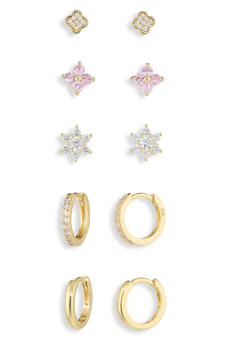Cubic Zirconia Clover Mixed Stud & Huggie Earring Set, Alternate, color, GOLD
