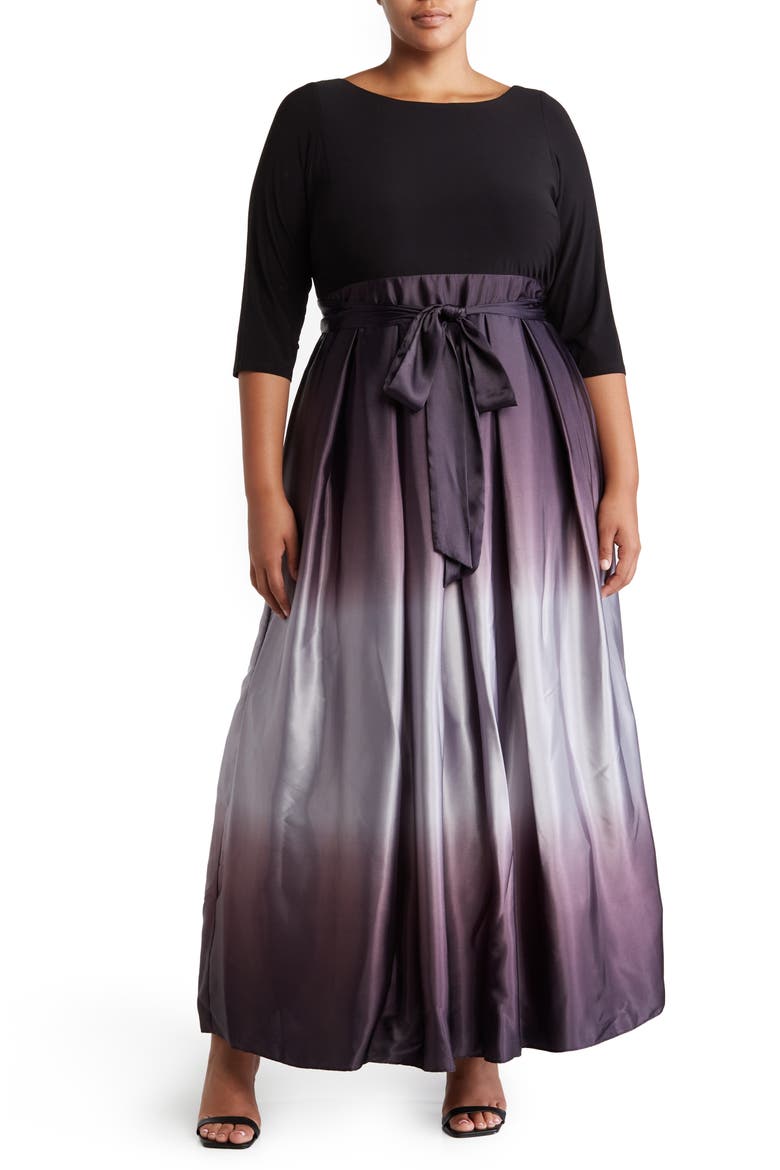 Three-Quarter Sleeve Jersey Bodice Ombré Satin A-Line Gown, Main, color, BKS