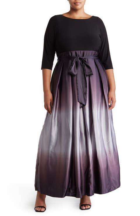 Three-Quarter Sleeve Jersey Bodice Ombré Satin A-Line Gown (Plus Size)