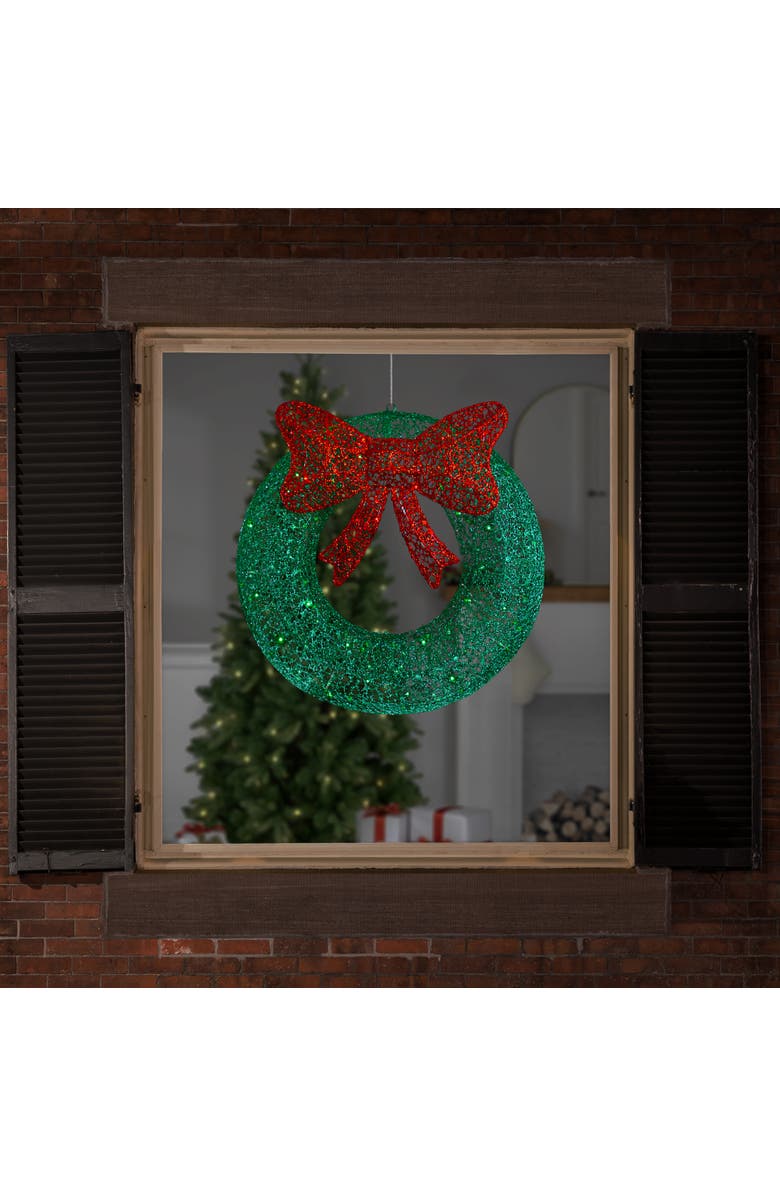 Northlight 24" LED Lighted Green Glitter Wreath with Red Bow Outdoor Christmas Decoration, Alternate, color, 