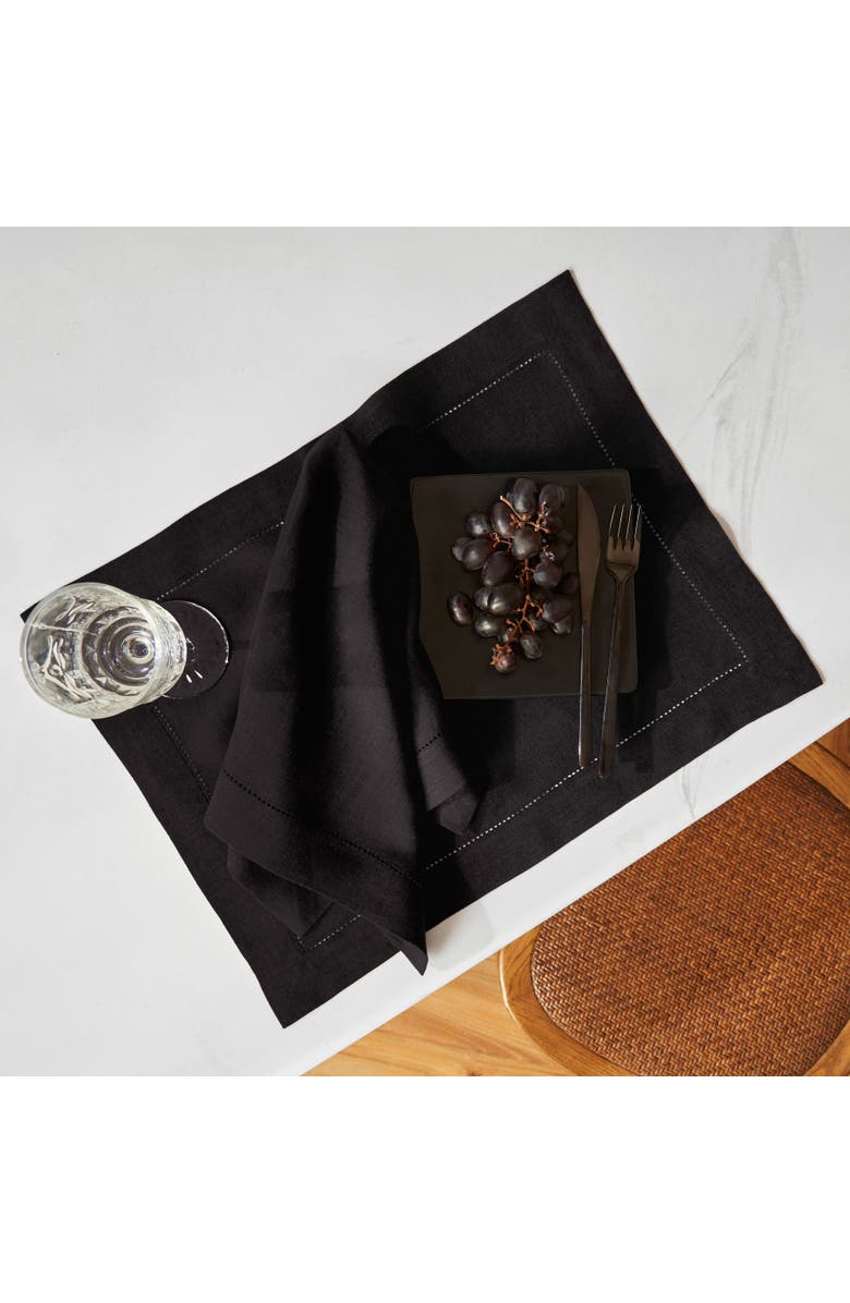 Solino Home Linen Placemats Set of 4, 14 x 19 Inch for Dining Table, Holiday and Everyday Table Decor - Sonoma Hemstitch, Alternate, color, Black