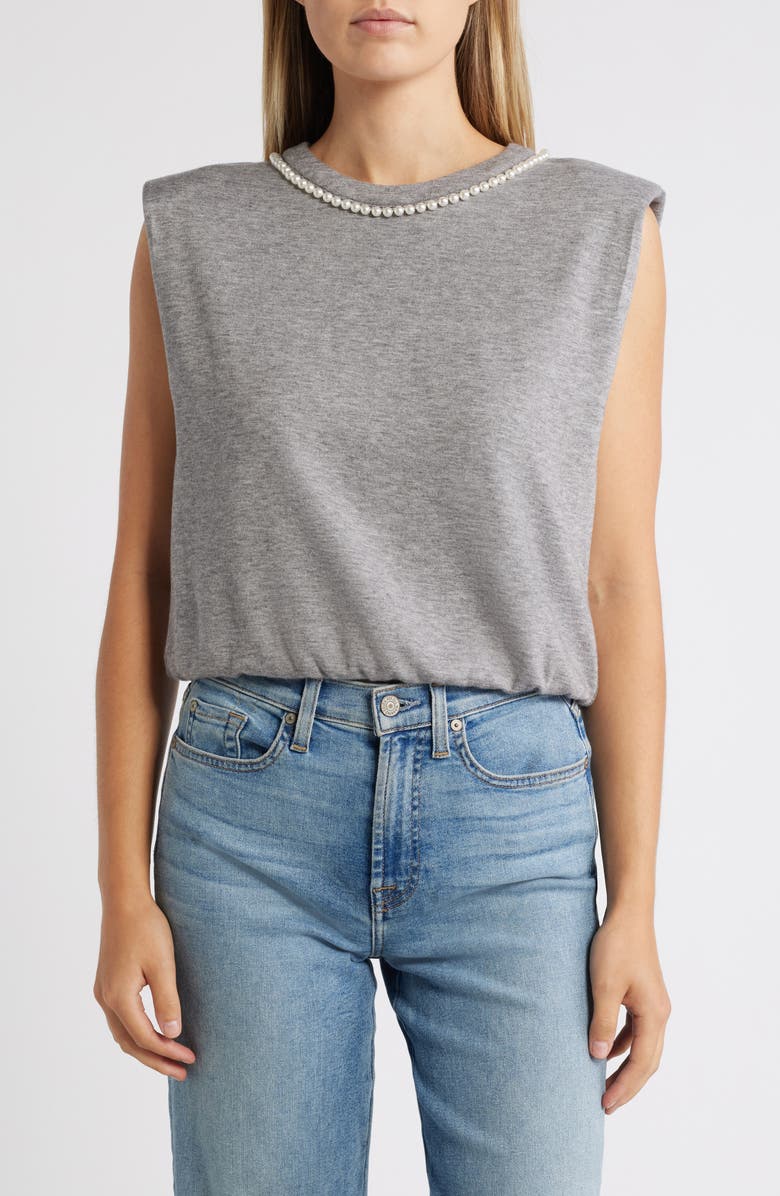 Wit & Wisdom Faux Pearl Trim Extended Shoulder Top, Main, color, Heather Grey