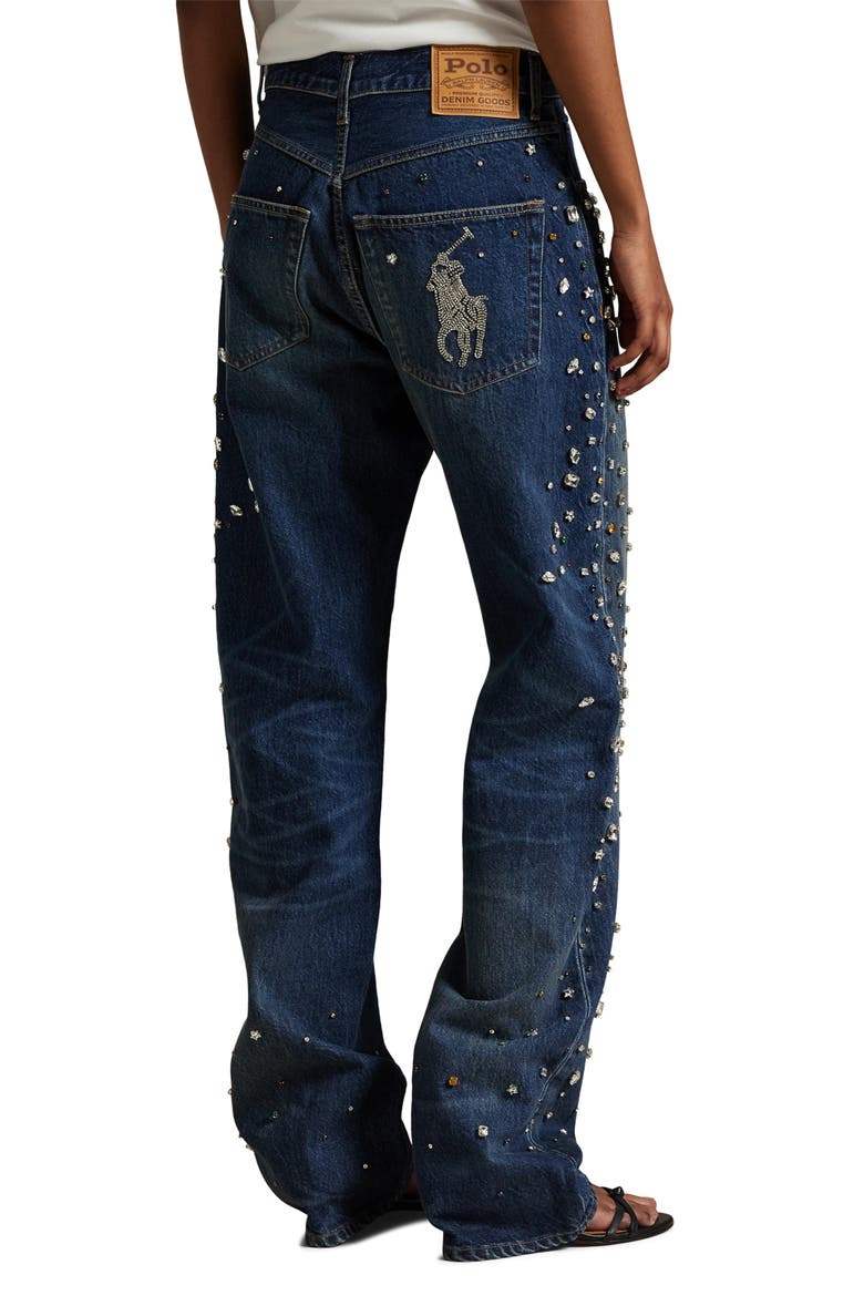 Rhinestone Embellished High Waist Relaxed Straight Leg Jeans, Alternate, color, LUGO WASH
