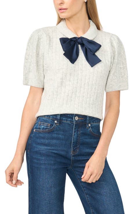 Tie Neck Cable Stitch Sweater