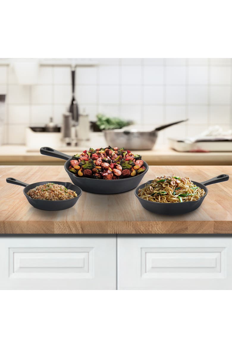 Pre-Seasoned 3 Piece Cast Iron Skillet Set, Alternate, color, Black