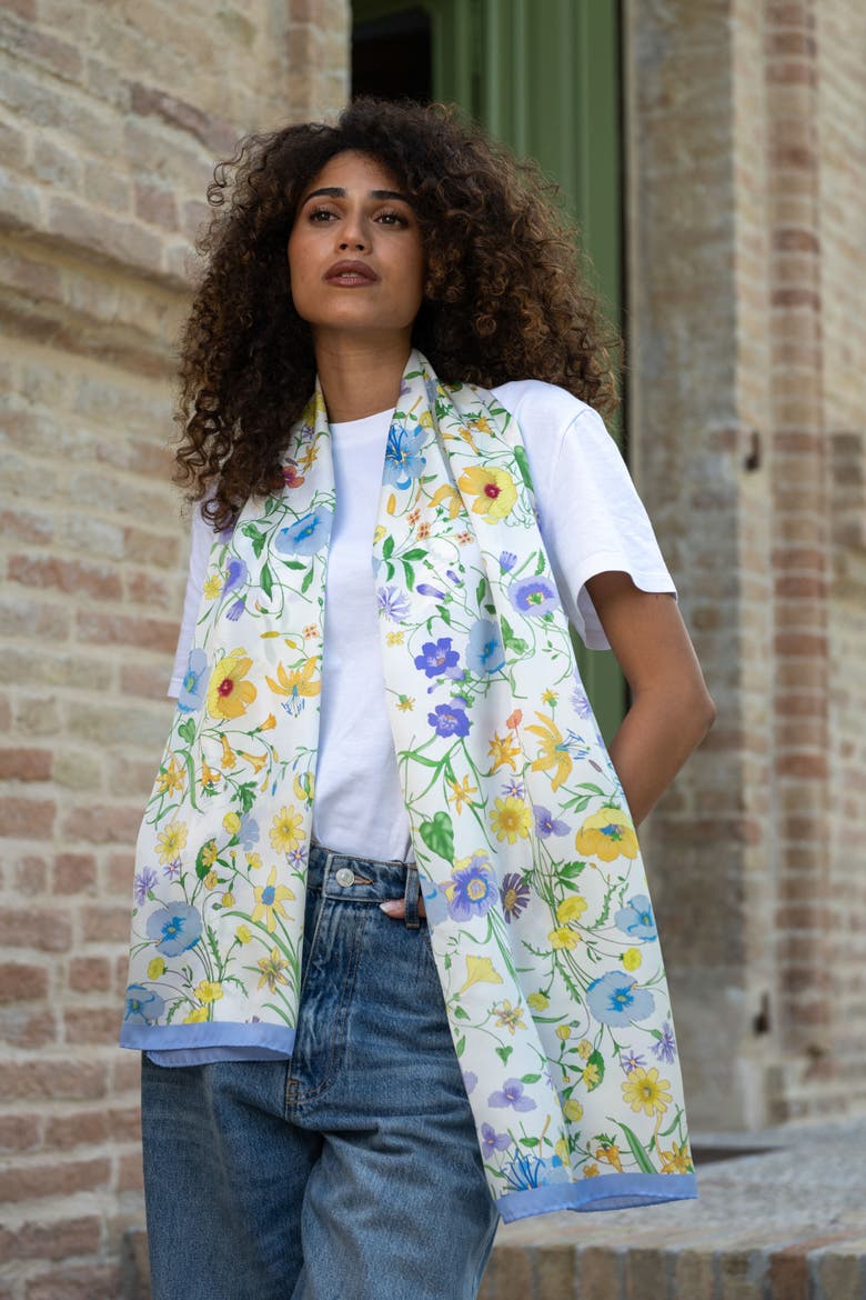 Primavera - Long Satin Silk Scarf for Women, Alternate, color, Perwinkle