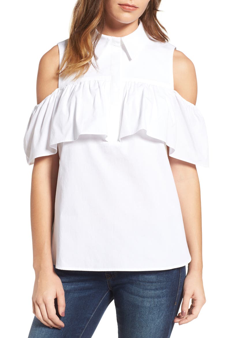 Ruffled Cold Shoulder Top, Main, color, WHITE