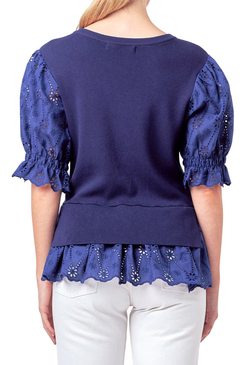 Mixed Media Eyelet Puff Sleeve Peplum Top, Alternate, color, NAVY