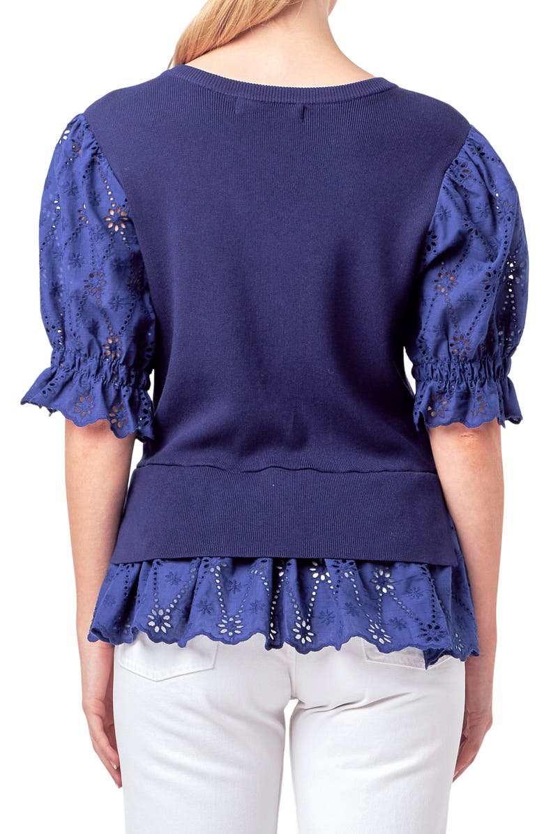 English Factory Mixed Media Eyelet Puff Sleeve Peplum Top, Alternate, color, Navy