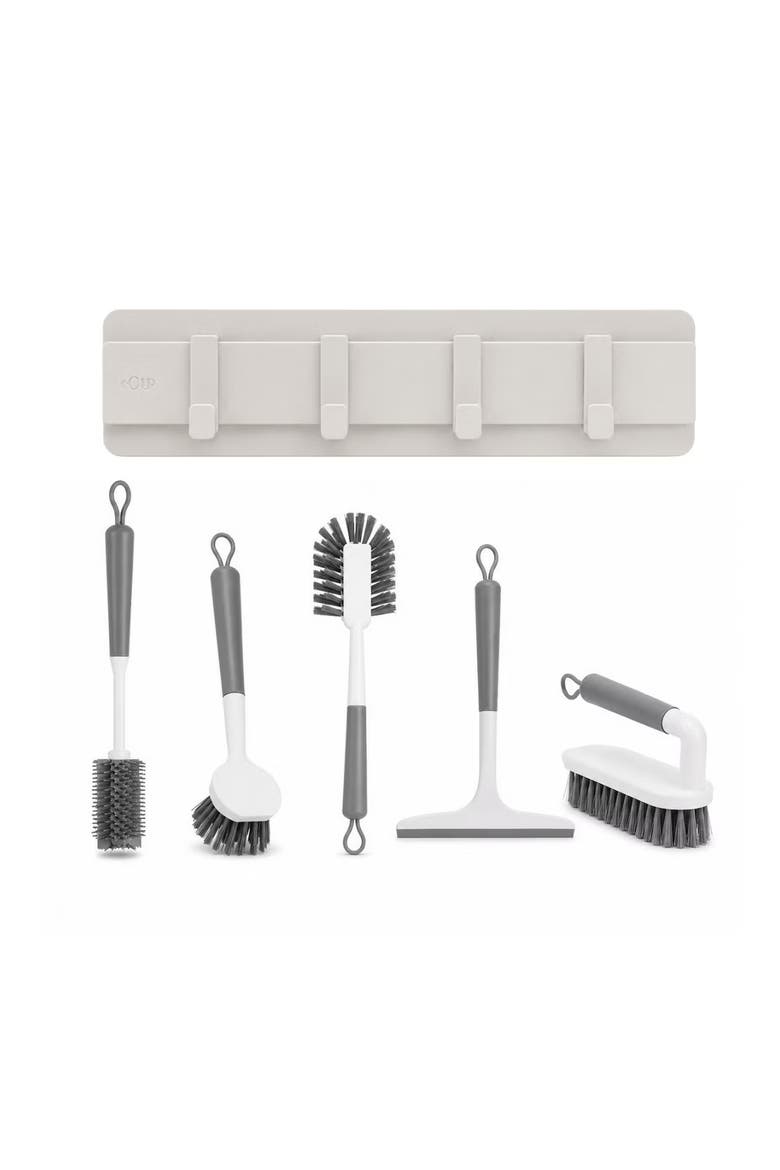 Wall Mounted Hook Rack Cleaning Set with Sliding Hooks, Scrub Brushes, Bottle Brush, Silicone Squeegee, Main, color, Multicolor