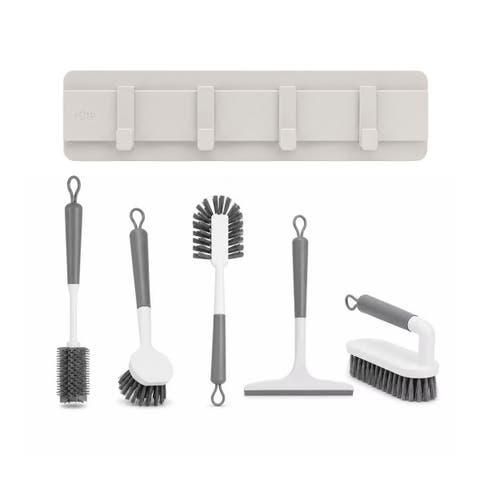 Wall Mounted Hook Rack Cleaning Set with Sliding Hooks, Scrub Brushes, Bottle Brush, Silicone Squeegee