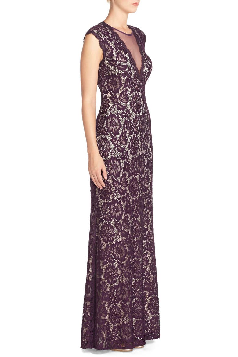 Illusion V-Neck Lace Trumpet Gown, Alternate, color, PLUM/ NUDE