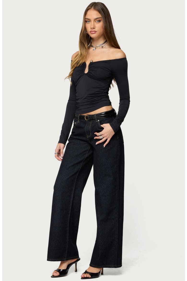 Halle Abstract Wavy Hardware Off the Shoulder Top, Alternate, color, BLACK