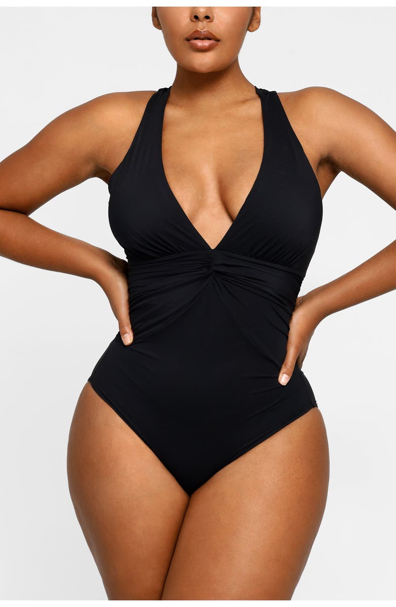 Shapellx Plunge Ruched Twist-Front One Piece Swimsuit, Alternate, color, Jet Black
