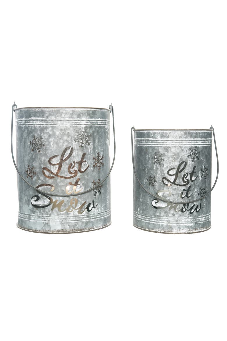 Silver Christmas Let It Snow Bucket Lanterns Set of 2 Metal, Main, color, Silver