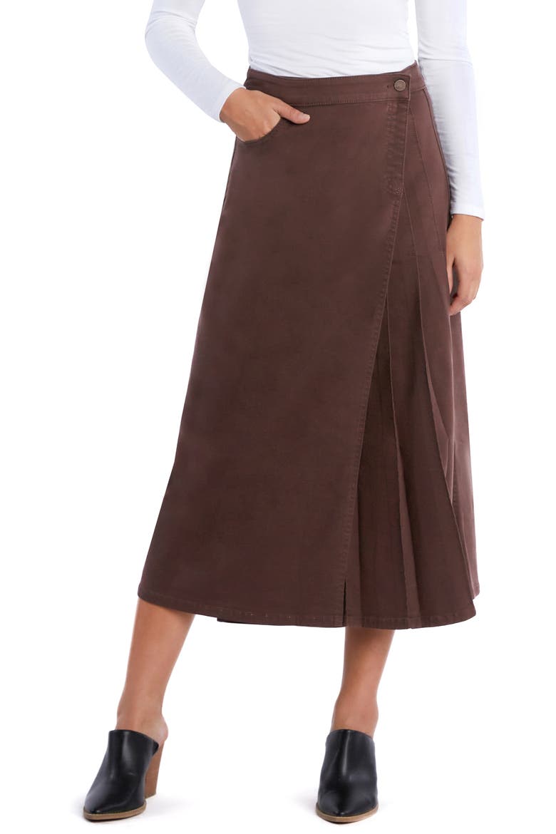 Delphine Side Pleat Denim Maxi Skirt, Main, color, RICH BROWN