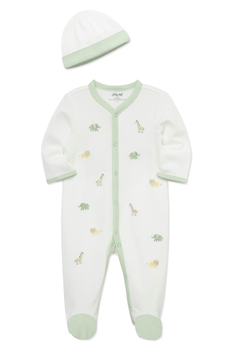 Jungle Embroidered Cotton Footie & Hat Set (Nordstrom Exclusive), Main, color, WHITE