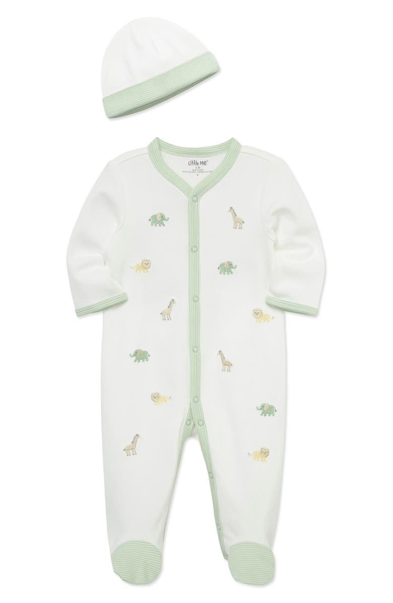 Little Me Jungle Embroidered Cotton Footie & Hat Set, Main, color, White