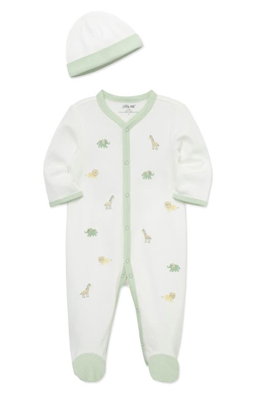 Shop Little Me Jungle Embroidered Cotton Footie & Hat Set In White