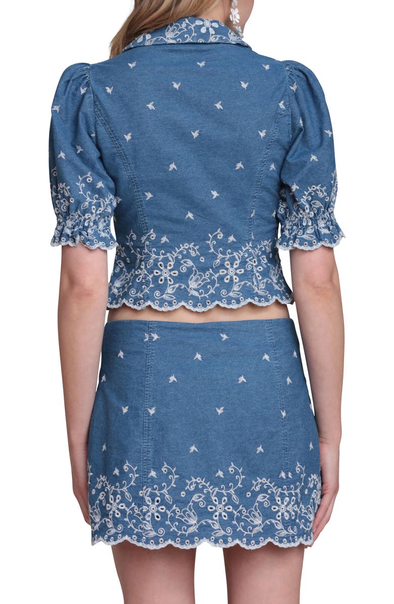 Avec Les Filles Embroidered Puff Sleeve Scallop Crop Chambray Shirt, Alternate, color, Needle Blue