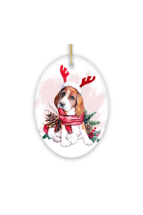 Reindeer Antler Beagle Pup Oval Ceramic Ornament