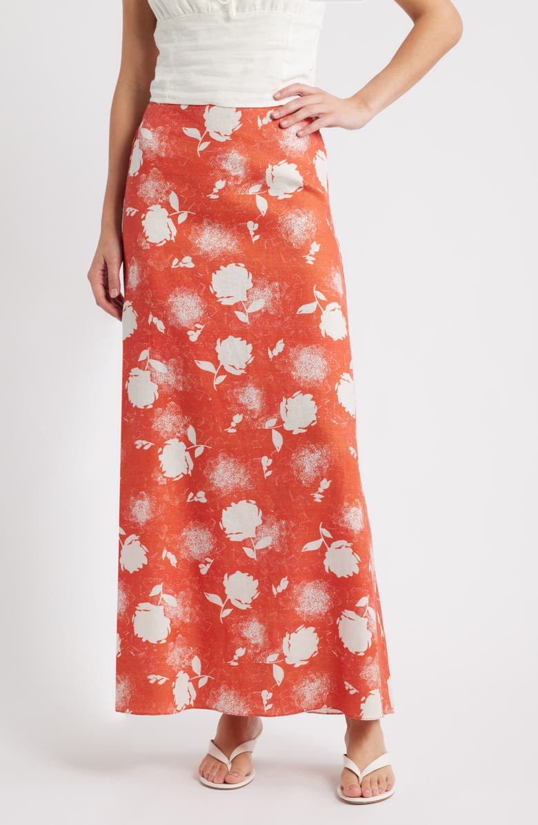 Faithfull the Brand Martina Floral Linen Maxi Skirt, Main, color, Sunrose Rosso