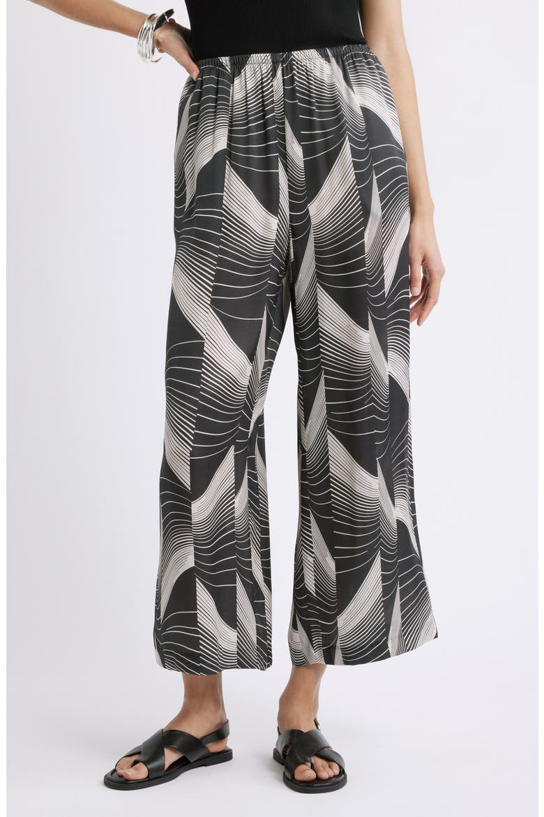 Print Pull-On Satin Crop Wide Leg Pants, Main, color, BLACK- IVORY WAVE SPLICE